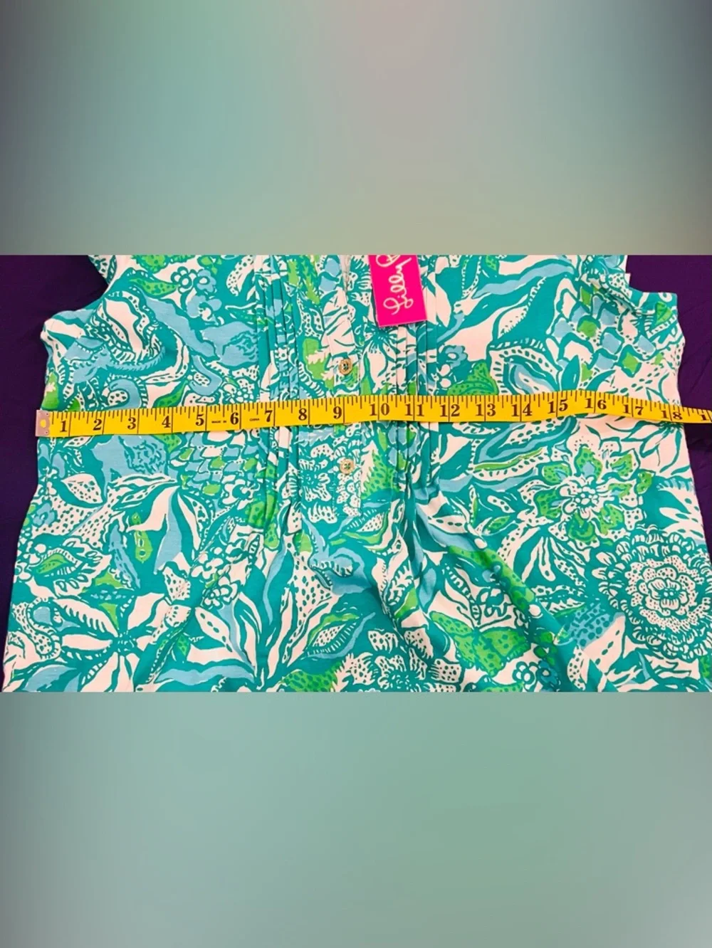 Lilly Pulitzer Teal Tropical Print Pleated Blouse Ruffle Sleeve lightweight Chic - Picture 7 of 8